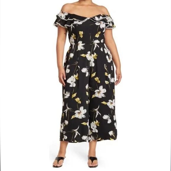 CITY CHIC Jumpsuit SZ 14 Black White Yellow Crepe Floral Print Off The Shoulder - Picture 1 of 13